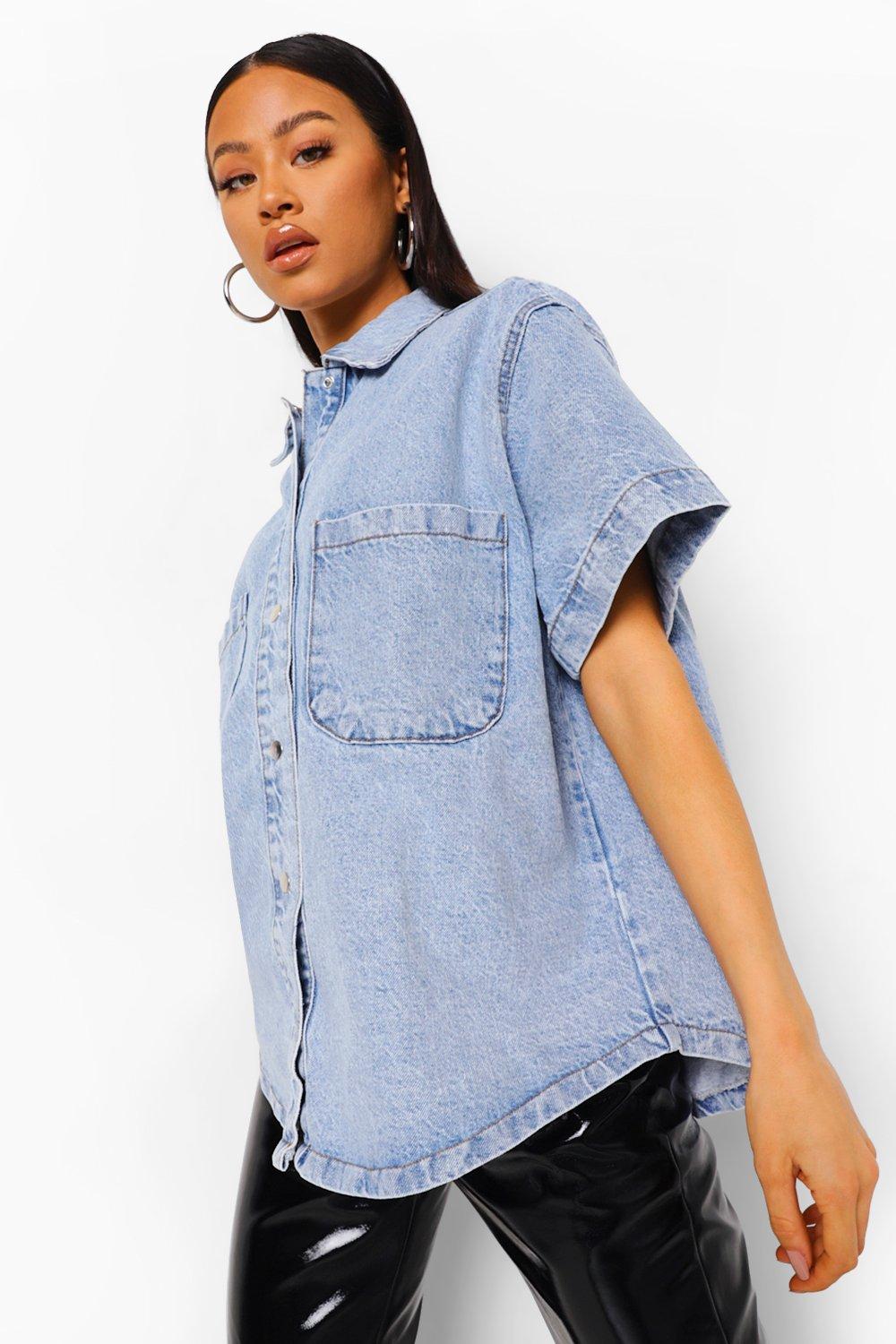 Women's short sleeve 2025 denim shirt